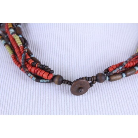 Multi 6 Strand Brown Orange Wood Bead Unisex Hipster Necklace 19" Button Close - Picture 3 of 5